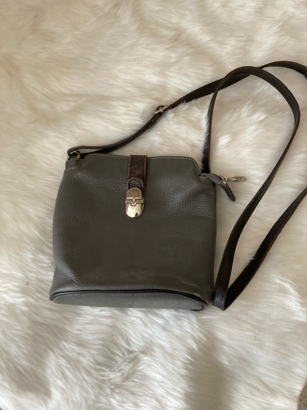Valentina Olive Gray Leather Crossbody with Dark Brown Strap